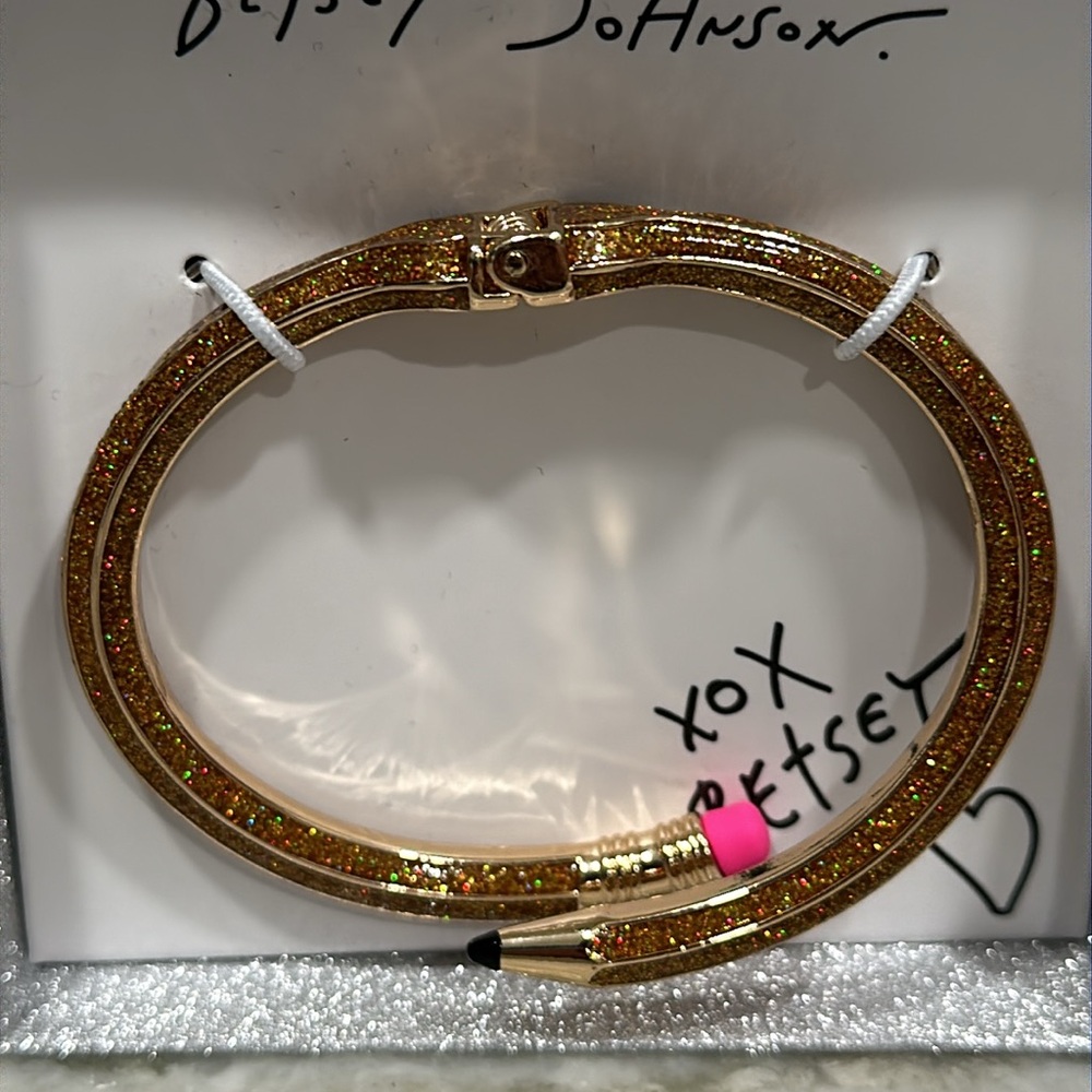 Betsey Johnson Bangle Yellow Pencil Gold Glitter Hinge Bracelet Cuff Teacher NEW